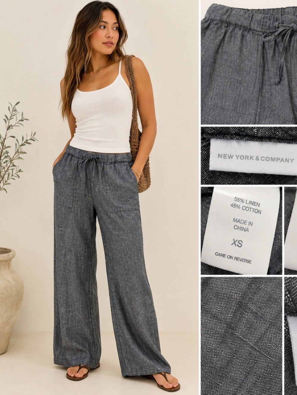 Coastal Breathable New York & Company Women's Wide Leg Linen Pants Size XS Gray